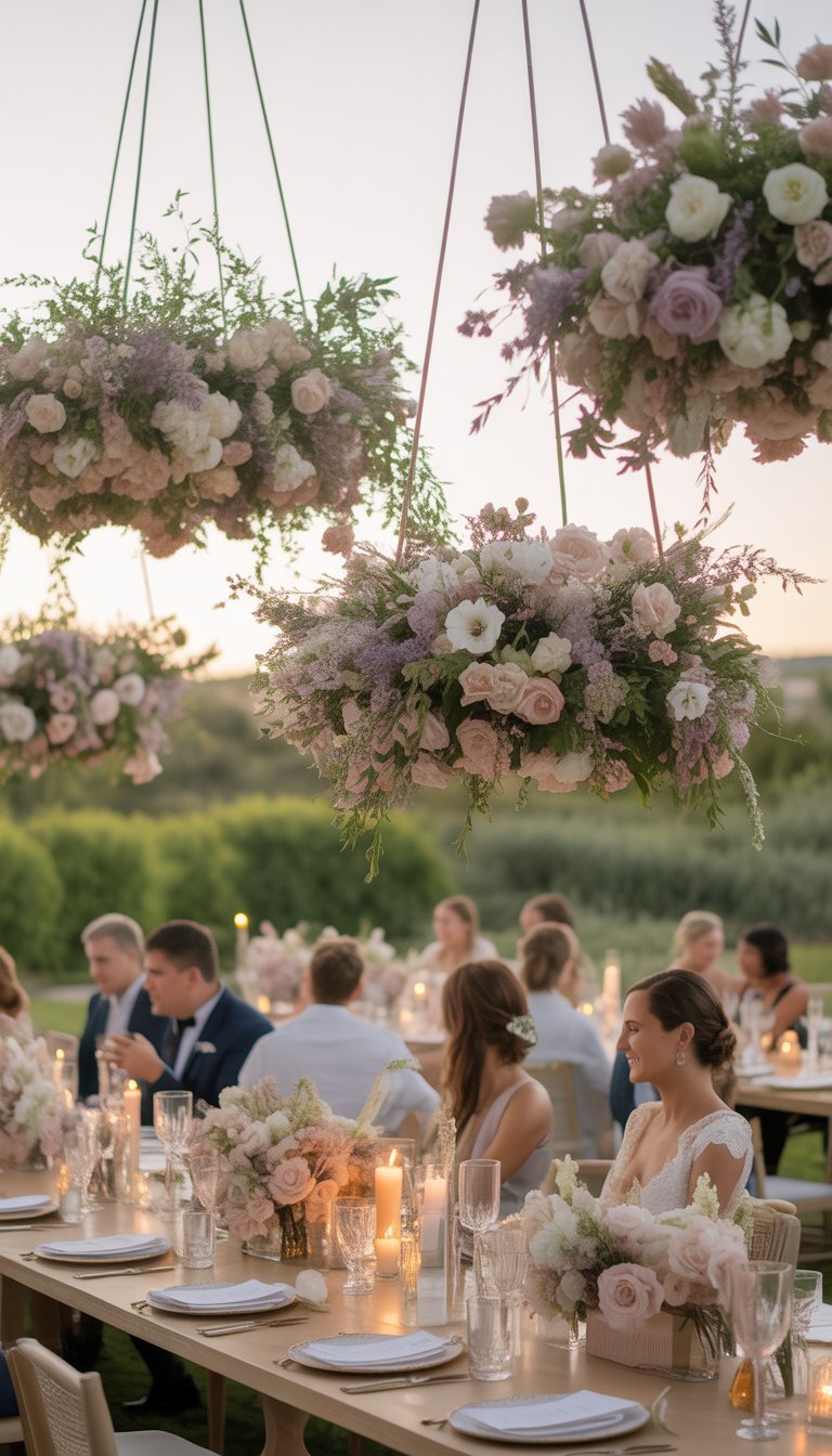 An outdoor wedding dinner party with hanging floral decorations above tables set for guests.